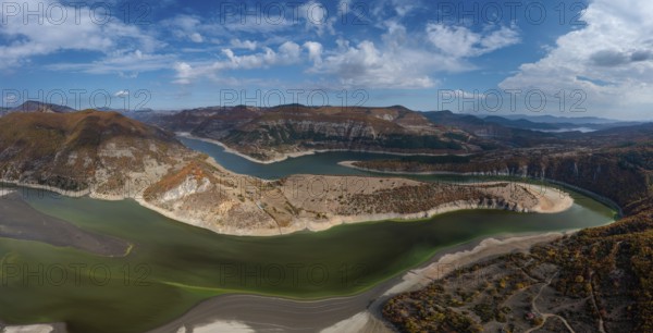 A panorama drone view of the Kardzhali reservoir and Arda River Bends in Bulgaria