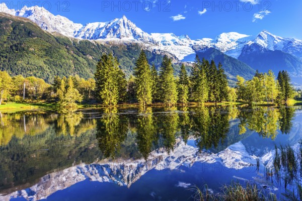 Snowy peaks of the Alps are beautifully reflected in the lake. Concept of active and ecotourism. Picturesque park in the mountain resort of Chamonix, at the foot of Mont Blanc