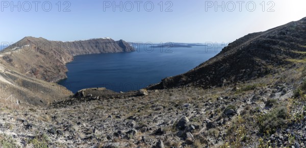 Landscape of the caldera, panoramic view, island of Santorini (Thira), Cyclades, Greek Islands, Greece