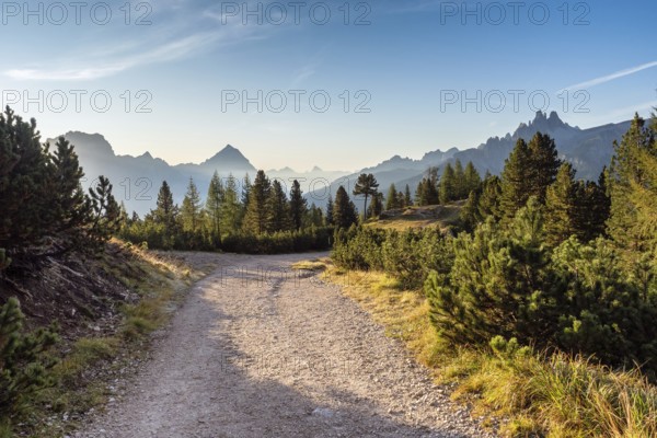 Wide trail in the Dolomites. Hiking trip, Walking path in dolomites landscape. The Tofane Group in the Dolomites, Italy