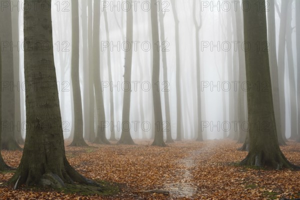 Misty autumn beech forest, ground covered by fallen leaves, Belgium