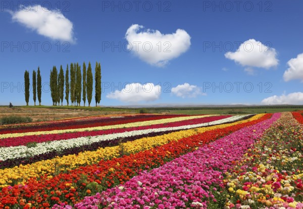 Field of multi-colored decorative buttercups Ranunculus Bloomingdale. On the horizon is growing cypress alley. Flowers planted with broad bands of bright colors - red, yellow and pink