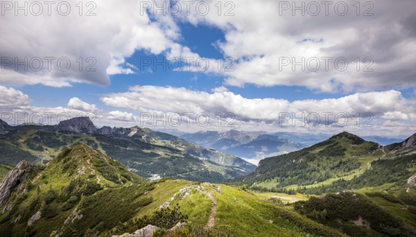 High angle panoramic view of the Julian alps in summer, as seen from passo Pramollo on the border between Italy and Austria. Mountain Landscape