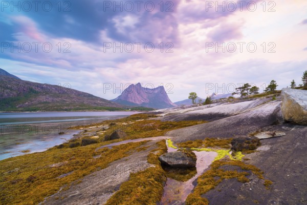 Sunset over an arctic fjord in the Lofoten, Norway