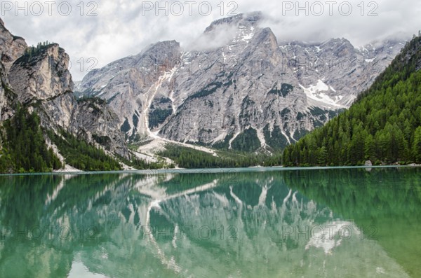 View of lake Braies, one of the most beautiful lakes of the Dolomites
