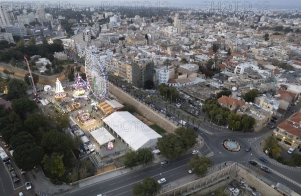 Aerial drone photograph of cityscape of Nicosia in Cyprus at sunset. European capital cities