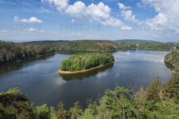 Lake and island with trees. Water reservoir Sec, Czech Republic