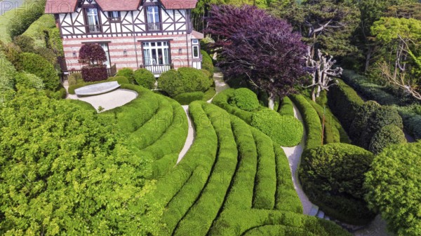 Etretat gardens, garden, village, Etretat, garden path, Normandy, Topiary, bush, house, distant, red, tree, gardening, park, travel, vacations, landmark, sand, decorating, element, boxwood, sand, tree, red, leaves, and house in distance, red trees