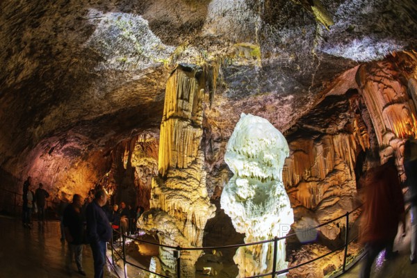 Colossal system of caves in Slovenia. Postojna Cave. Limestone plateau. Fantastically lit underground grottoes with stalactites and stalagmites