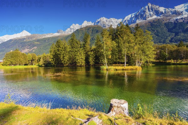 City Park is illuminated by sunset. The lake reflected the snow-capped Alps and evergreen spruce. The mountain resort of Chamonix, Haute-Savoie