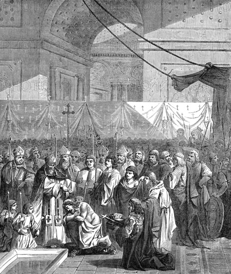 Saint Remigius baptizes Clovis I, King of the Franks, Abbey of Saint-Remi in Reims, on 25 December 496