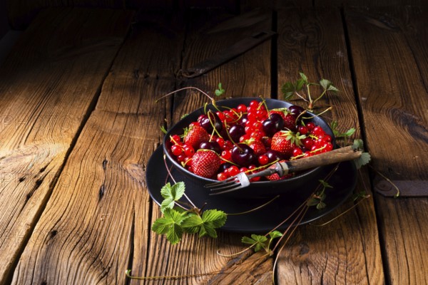 Schüssel mit verschiedenen Früchten wie Erdbeere, rote Johannisbeere und Kirsche