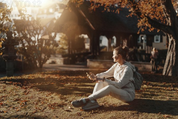 Young fashionable teenage girl with smartphone in park in autumn sitting at smiling. Trendy young woman in fall in park texting. Retouched, vibrant colors. Beautiful blonde teenage girl wearing casual modern autumn outfit sitting in park in autumn. Retouched, vibrant colors, brownish tones
