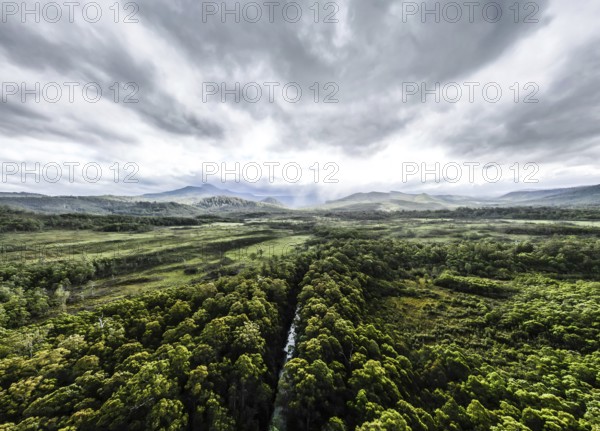 The area around Esperance River Forest Reserve on a stormy summer's day in Southwest National Park near Dover, a World Heritage Area in Tasmania Australia