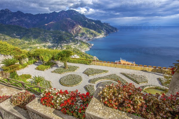 View of Villa Ruffalo and the Tyrrhenian Sea on the Amalfi Coast in the Campania region of southern Italy