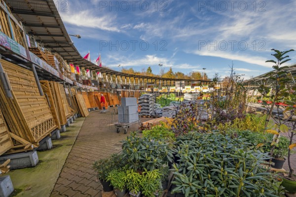DIY store, outdoor area with plants and privacy screens, Allgäu, Bavaria, Germany