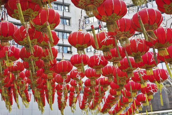 The traditional red lanterns decorating the Chinese city in New year