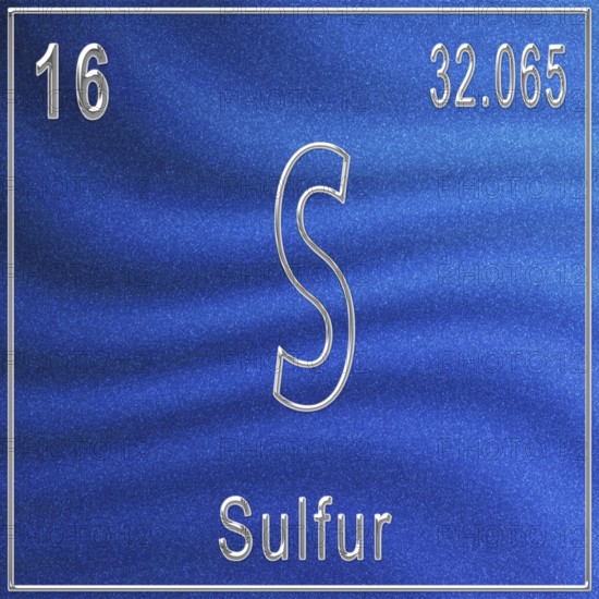 Sulfur chemical element, Sign with atomic number and atomic weight, Periodic Table Element