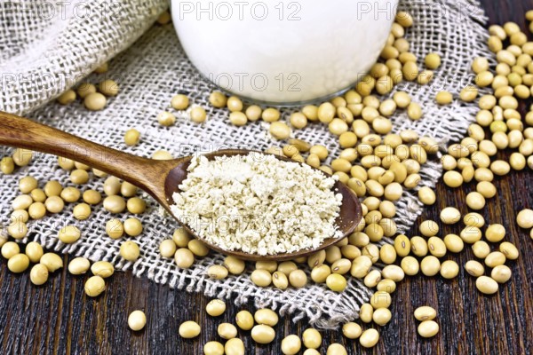 Soy flour in a spoon and milk in glass jug, soybeans on sackcloth on wooden board background