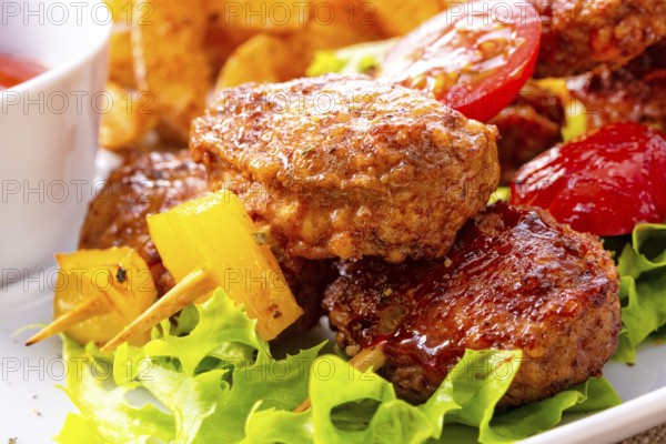 Meatballs skewers of tomato, paprika and baked potato quarters