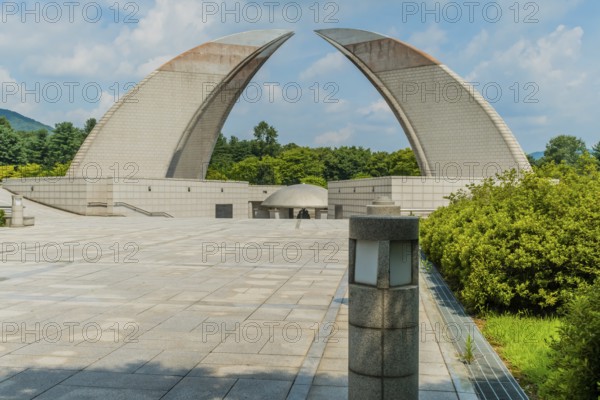 Cheonan, South Korea, August 8, 2019: Reunification Monument housing bronze bell under dome represents Koreans desire for unification of North and South Korea.For editorial use only