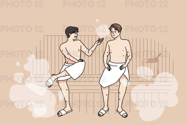 Happy male friends in towels relax in sauna on weekend together. Smiling men enjoy bathhouse relaxation, rest in spa or wellness center. Relaxation and recreation. illustration