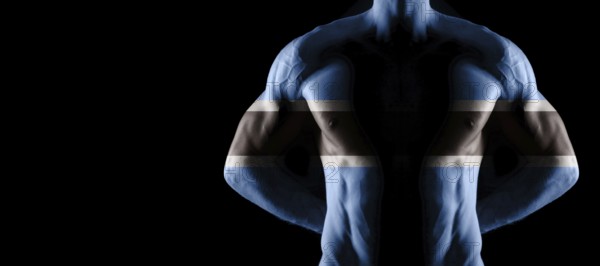 Botswana flag on muscled male torso with abs, black background