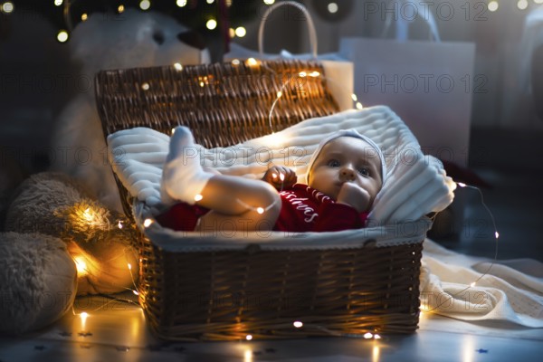 A cute newborn baby in xmas clothes sleeping in a basket on the floor against a Christmas decoration. New Year's Eve