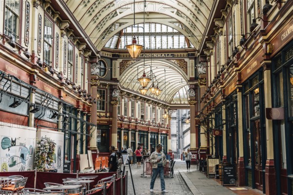 London, UK, August 25, 2023: Interior view of the famous Leadenhall Market in the City of London. It is one of the oldest markets in London