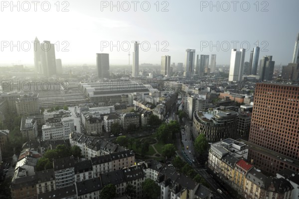View over the railway station district, behind it the skyline of the banking district, Frankfurt am Main, Hesse, Germany