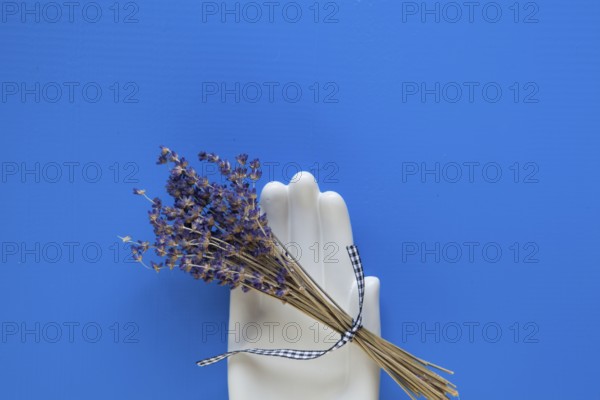Detail of ceramic hand and bouquet lavender flower on the blue wooden table - Flat Lay Photography