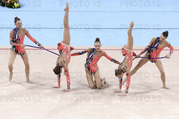 Sofia, Bulgaria - 6 May, 2017: Team Belarus performs during Rhythmic Gymnastics World Cup Sofia 2017. Group tournament