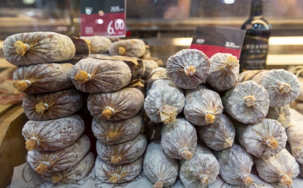 Dried salami sausages. Traditional Bulgarian dried flat salami