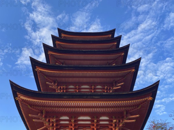 View of famous Itsukushima shrine on Miyajima island in Hatsukaichi, Hiroshima, Japan