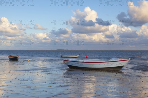 Fishing boats on the empty beach, Hjerting, Jutland, Denmark. Hjerting is a district of Esbjerg in southwest Jutland, Denmark