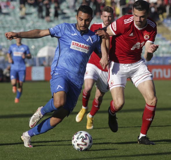 Sofia, Bulgaria: 25 April, 2021: Menno Koch (R) of CSKA Sofia in action against Faycal Rherras of Levski during the national championship football match between Levski and CSKA Sofia, Sofia, Bulgaria