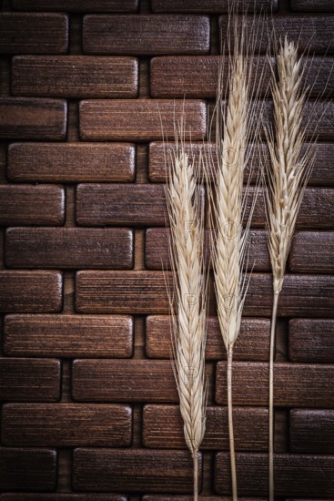 Golden wheat and rye ears on wooden matting
