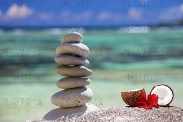 Pebble tower on the beach, Seychelles