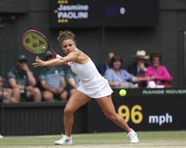 Italian tennis player Jasmine Paolini in action at the 2024 Wimbledon Championships, London, England, United Kingdom