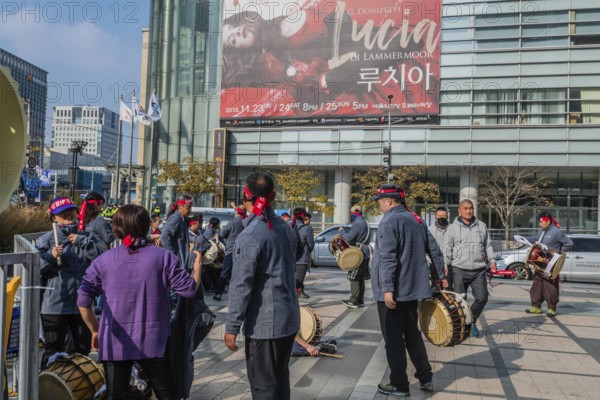 Seoul, South Korea, November 10, 2018: Unidentified members of Korean drum group waiting to perform at Gwanghwamun plaza in central Seoul