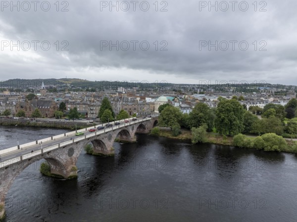 Smeaton's Bridge, stone arch bridge, drone shot, Perth, Scotland, Great Britain