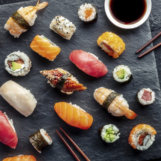 Sushi, overhead square shot with chopsticks and soy sauce. Rolls, maki, nigiri on a black background, Japanese food. Salmon, tuna, eel, shrimp and other seafood, Food photography, Food photography