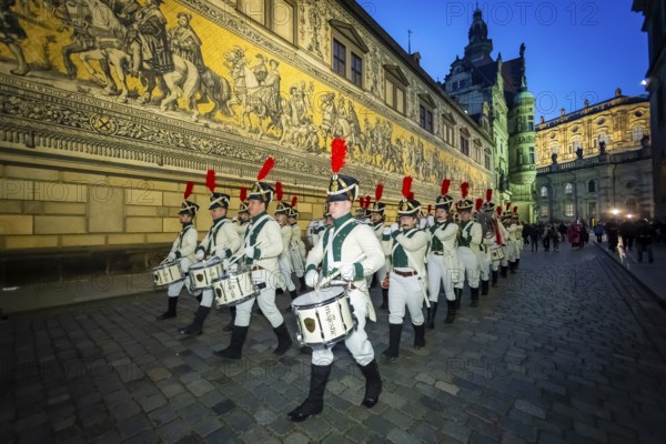 The world champion of marching bands, the Radeberger Spielmannszug, opens the Dresden Winter Festival with a parade, Dresden, Saxony, Germany