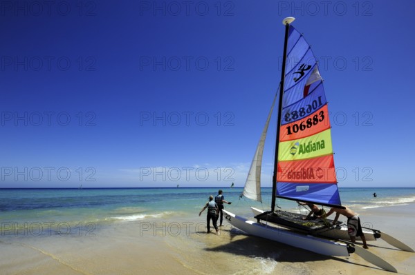Sailboats on the beach, Jandia, Playa del Matorral, Jandia Peninsula, Fuerteventura, Canary Islands, Canary Islands, Atlantic Ocean, Spain