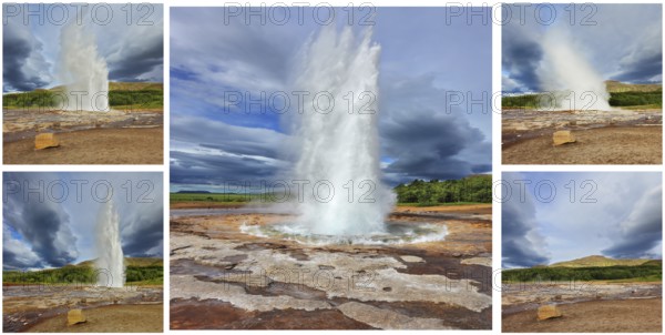 Card memory. Gushing geyser Strokkur. Collage showing different phases of the action of the geyser
