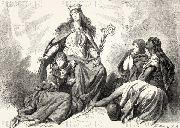 The virgin Mary, Gretchen and three biblical holy women plead for Faust's soul, act V, Faust II, Johann Wolfgang von Goethe