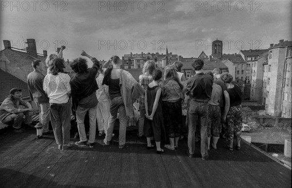 Germany, Dresden, 22 June 1991, City Festival of the Colourful Republic of Neustadt (Dresden), above the roofs of the Neustadt