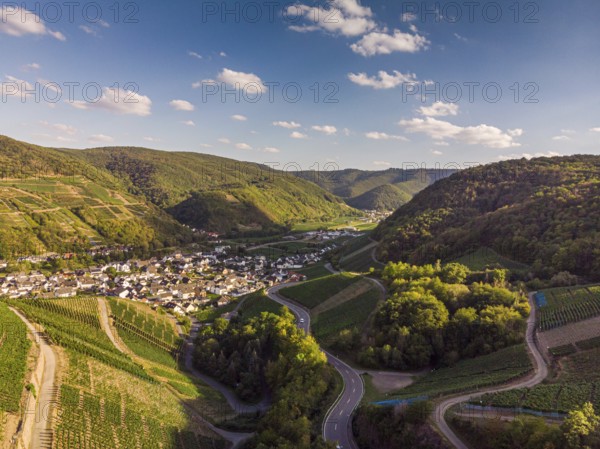 Aerial view of the Ahr valley on a sunny summer day on the red wine hiking trail