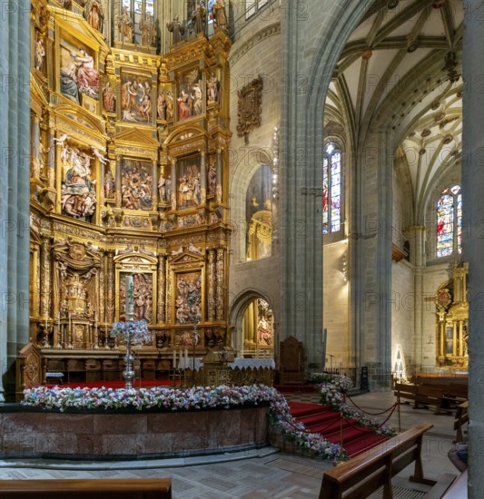 Astorga, Spain, 12 April, 2024: view of the altar and gilded altar piece in the central nave of the Catehdral of Saint Mary in Astorga