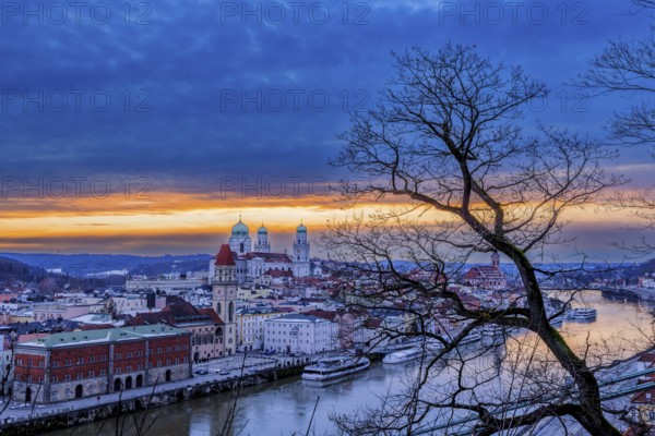 View of Passau in Bavaria at sunset on a winter evening